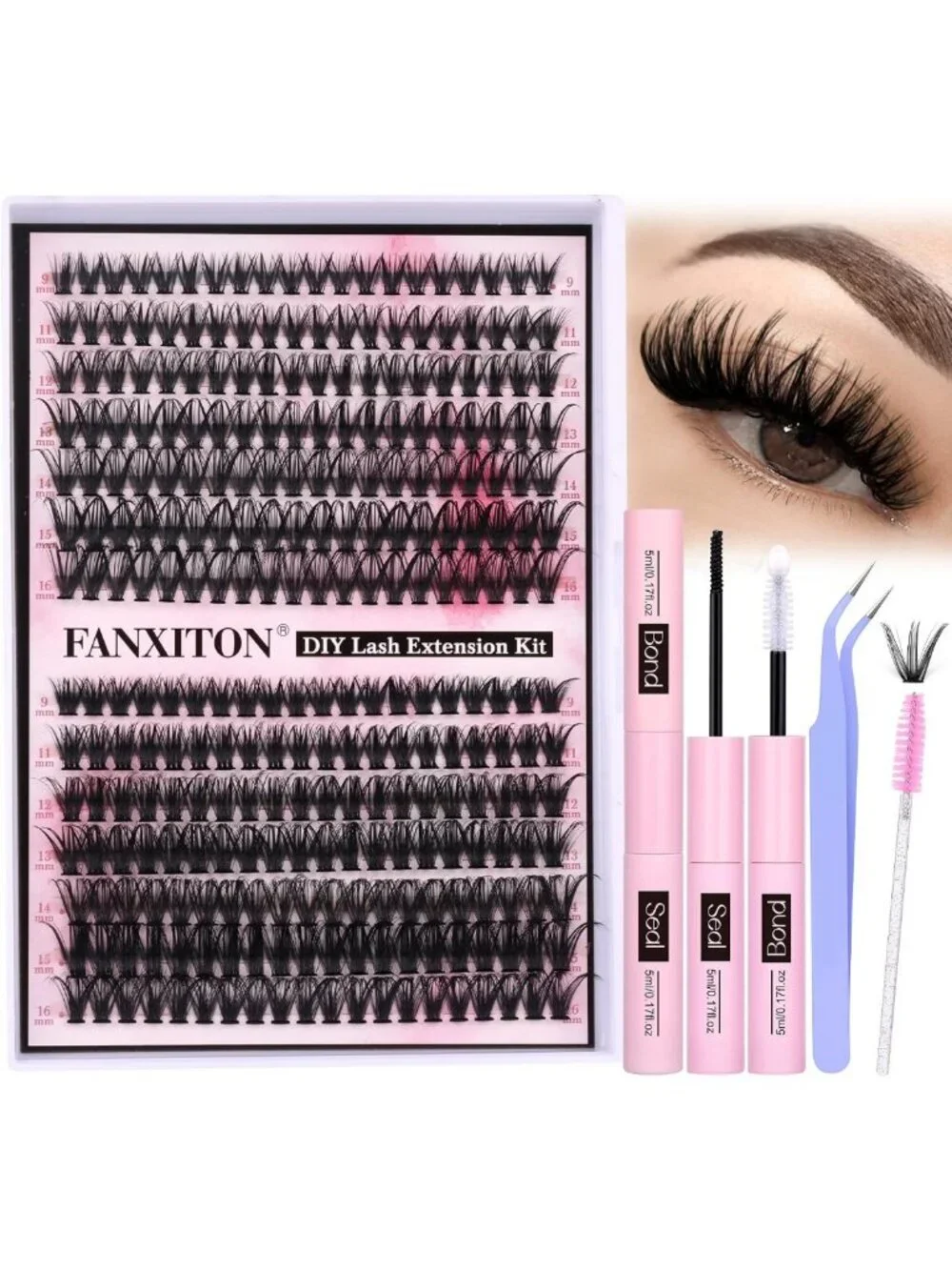DIY Eyelash Extension Kit - 280 Thick Volume Lash Clusters, Bond & Seal